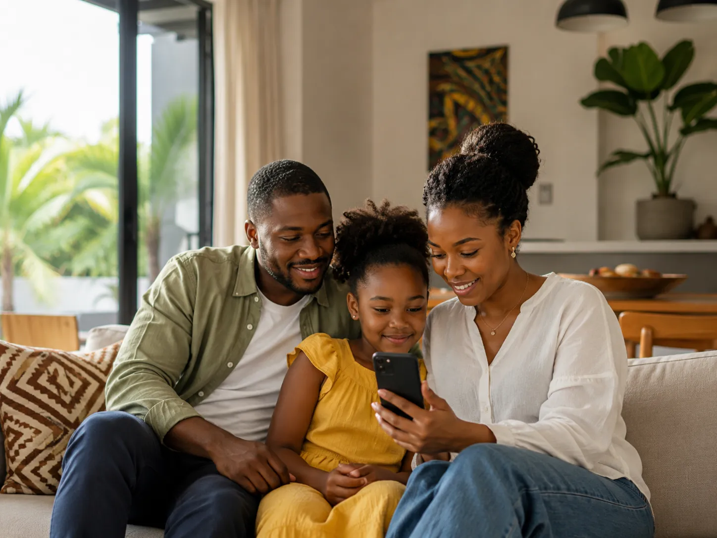 Une famille ivoirienne réunie dans un salon moderne, souriant en regardant l'écran d'un smartphone.