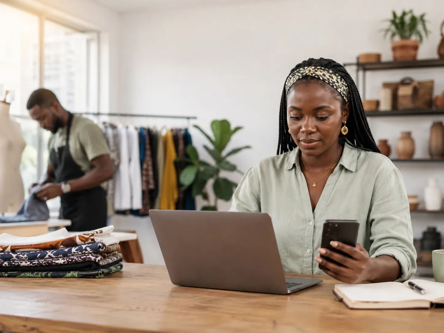Une entrepreneure ivoirienne souriante travaillant dans son atelier de couture avec des tissus colorés en arrière-plan.