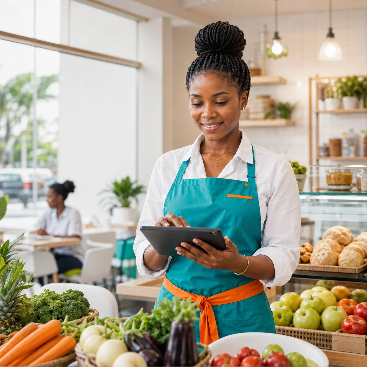 Commerçante souriante tenant une tablette numérique dans un espace de vente alimentaire bien approvisionné.