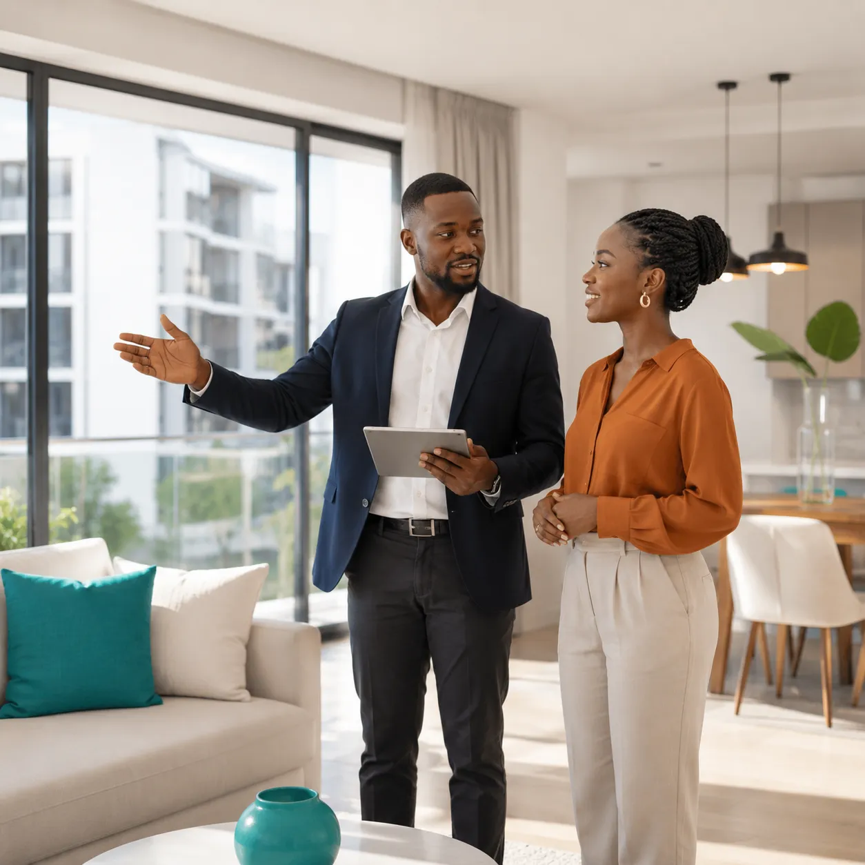 Agent immobilier montrant les détails d'un appartement lumineux à une cliente intéressée.