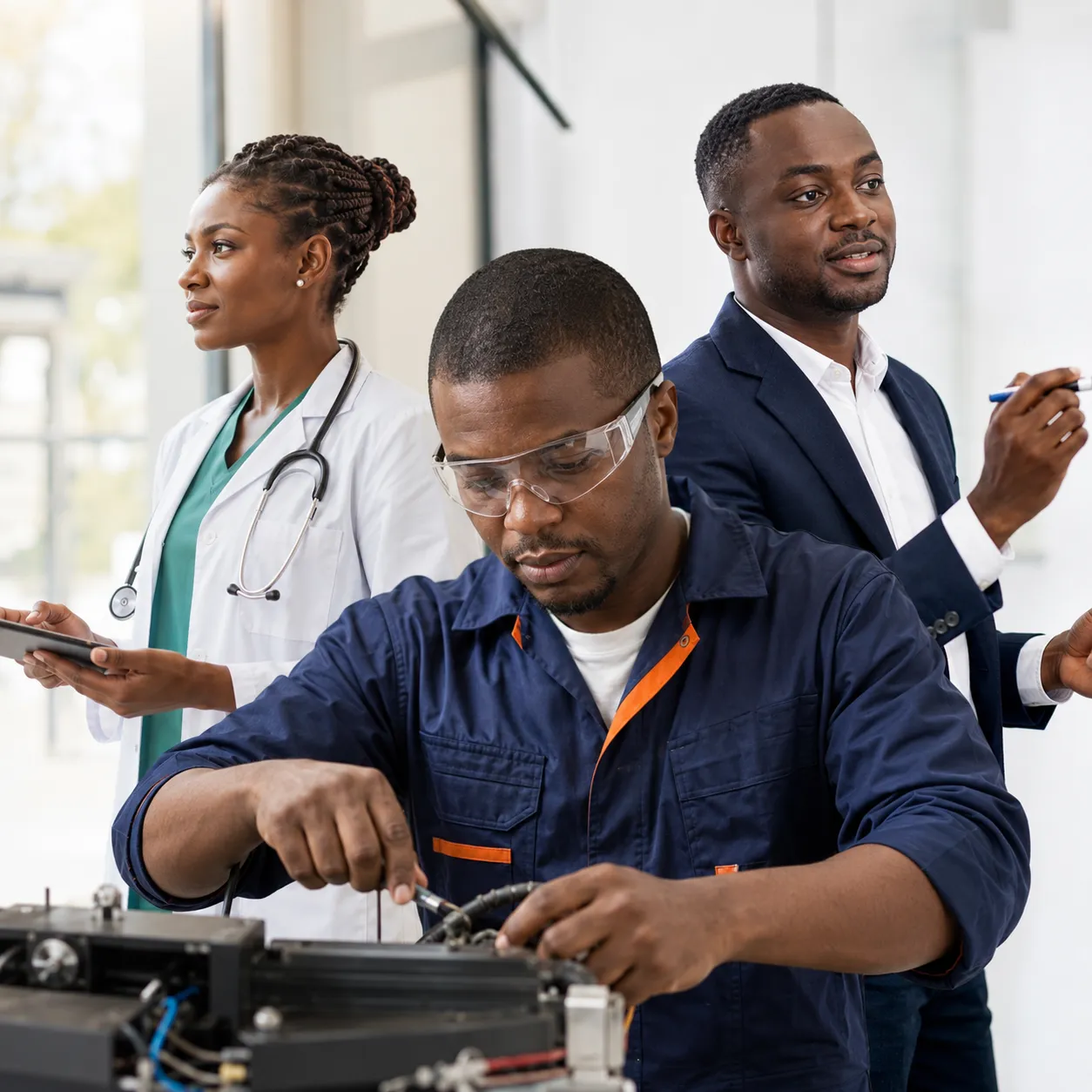 Représentation de divers professionnels de proximité côte à côte, prêts à proposer leurs services.